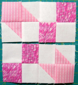 Squares sewn together to make 2 rectangle units.