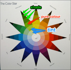 Each colour on the star has the pure colour in the middle, the shades going out to the tip and the tints inward to the centre.