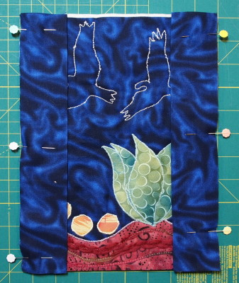 Stitch Along sunday Art Quilt with facing strips pinned in place
