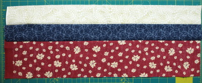 Quick and easy 3 fabric block with second strip set sewn together