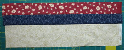 Quick and easy 3 fabric block with three strips sewn together