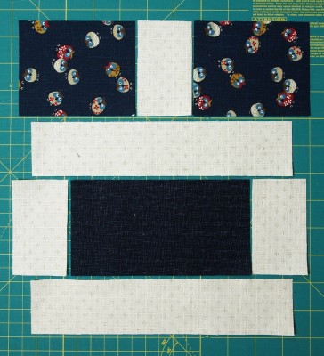 Easy three fabric block with placement of pieces