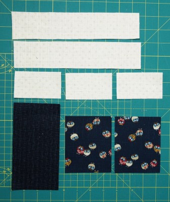 Easy three fabric block with pieces cut for one block