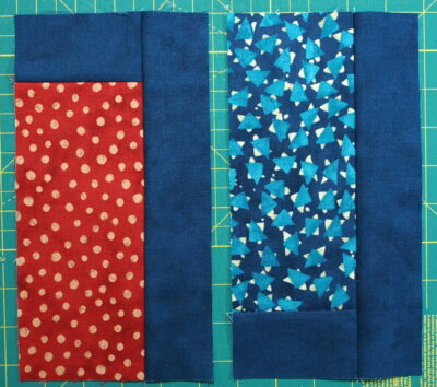 A modern quilt with the modern fabric line called Simple Marks adding the second piece of sashing to the block
