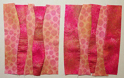 Two blocks made with curved pieced strips