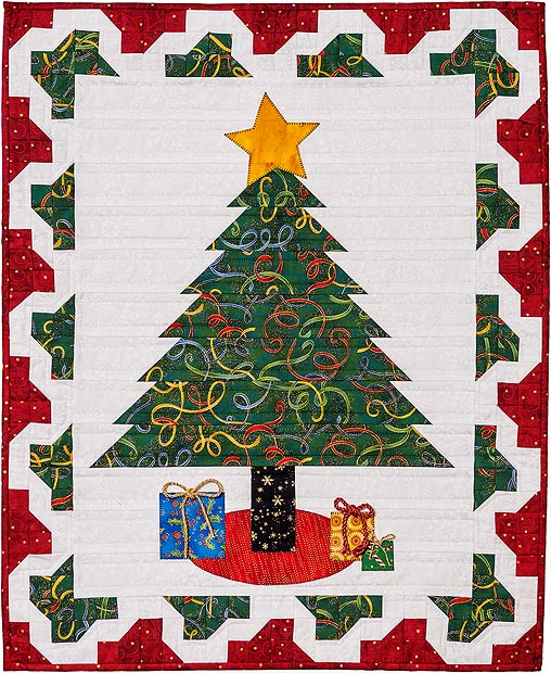 Green Christmas tree with presents and star surrounded by a ribbon like border