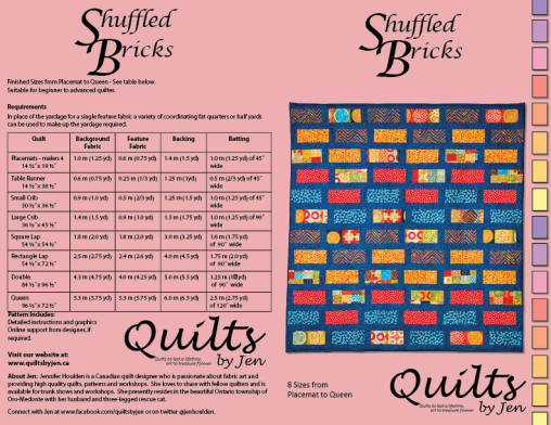 Shuffled Bricks Modern Easy Quilt Pattern Cover with fabric requirements list.