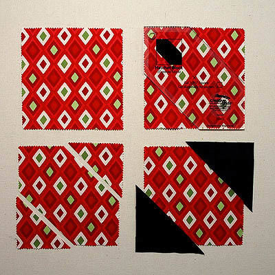 Multiple red squares and pieces with black triangles