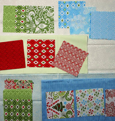 Multi coloured squares on light coloured fabrics