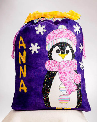 purple sac with a girl penguin