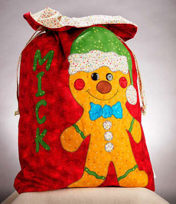 Red santa sac with a gingerbread man