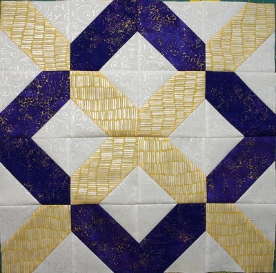 X and O Table Topper in purple, yellow & white