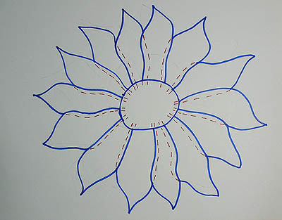 Sunflower drawn in blue and red ink