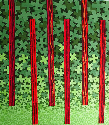 Red fabric strips on a green background of X's