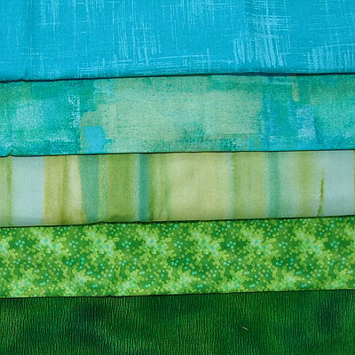 5 fabrics in lime green and turquoise with multiple texures 