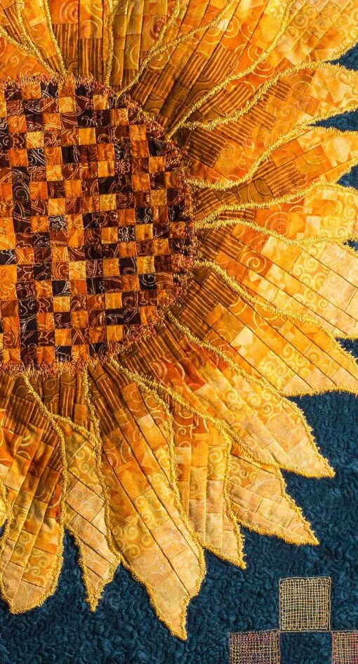 Close up showing free motion zig zag stitching on the bargello sunflower