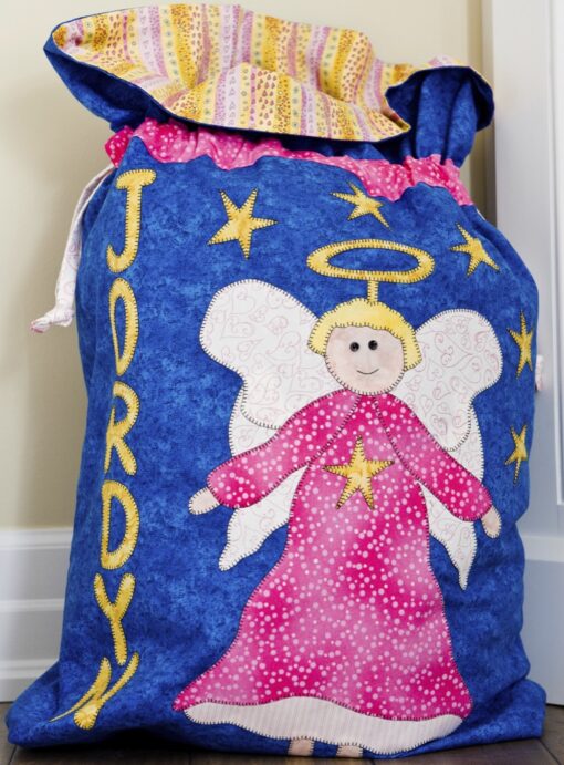 Blue Santa sac with pink angel applique with wings