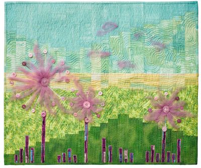 example improv design art quilt with purple dandelions