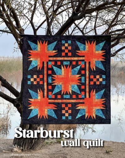 orange, teal and black quilt hanging in a tree