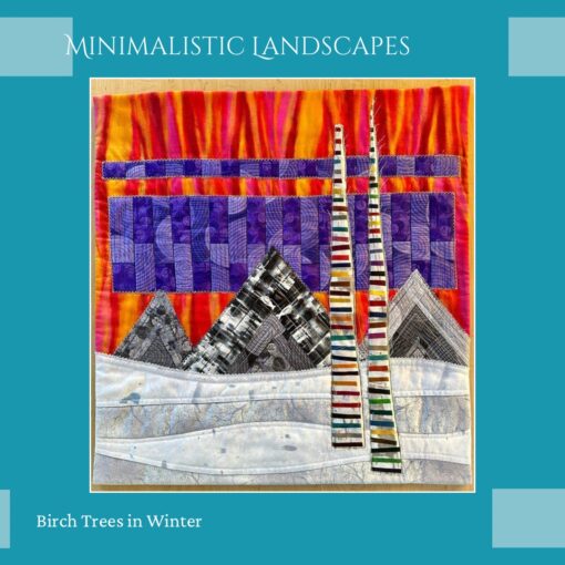 Layered fabrics of white, grey, purple and orange to create birch trees in winter scene