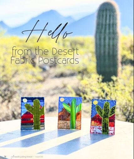 3 fabric postcards in the desert